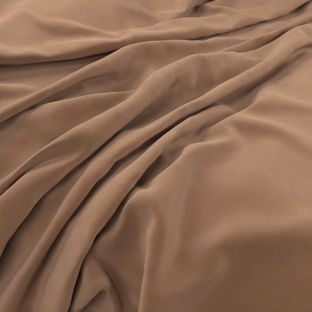 Warm sinopia brown velvet with smooth sheen flowing through deep gathered folds