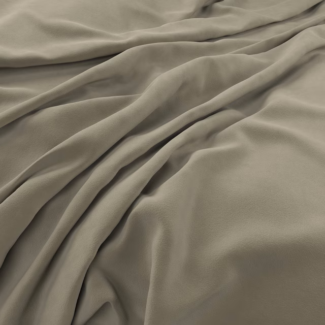 Muted grey-taupe velvet with softly brushed nap arranged in deep flowing folds