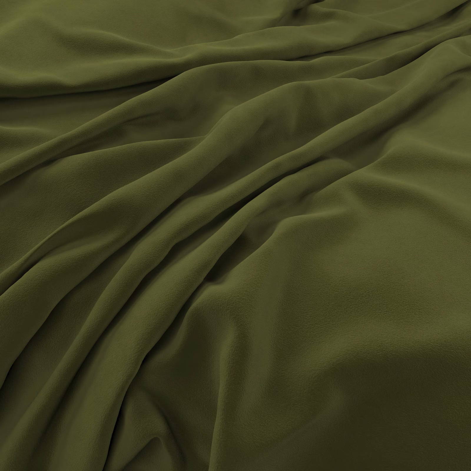 Deep olive-green velvet draped in folds, showing a soft, light-catching nap
