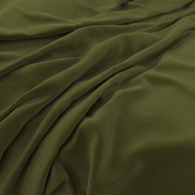 Deep olive-green velvet draped in folds, showing a soft, light-catching nap