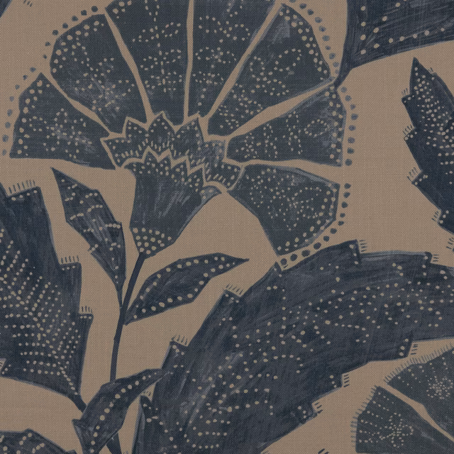 Warm taupe fabric with oversized slate-blue botanical flower and leaf forms