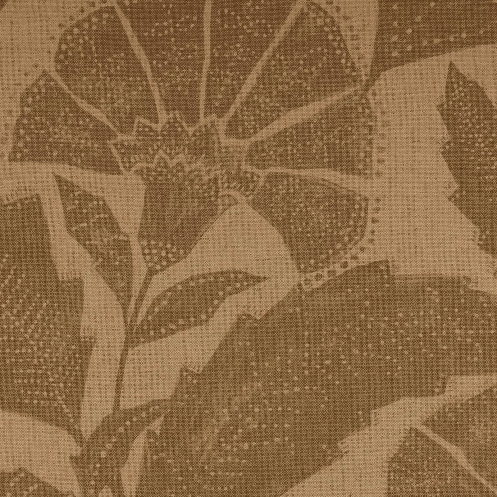 Clay-brown woven fabric with large dotted botanical leaves in tonal umber shades