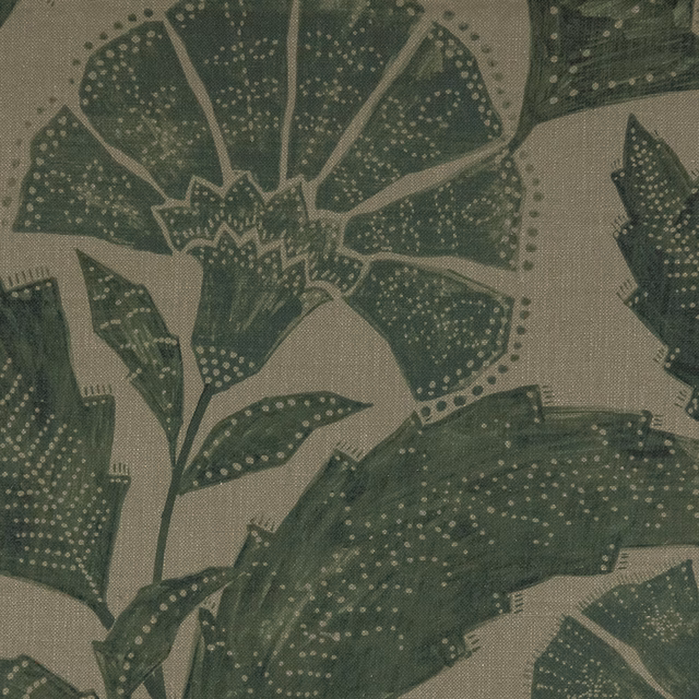 Evergreen botanical fabric with dotted leaves and large flower on warm beige ground