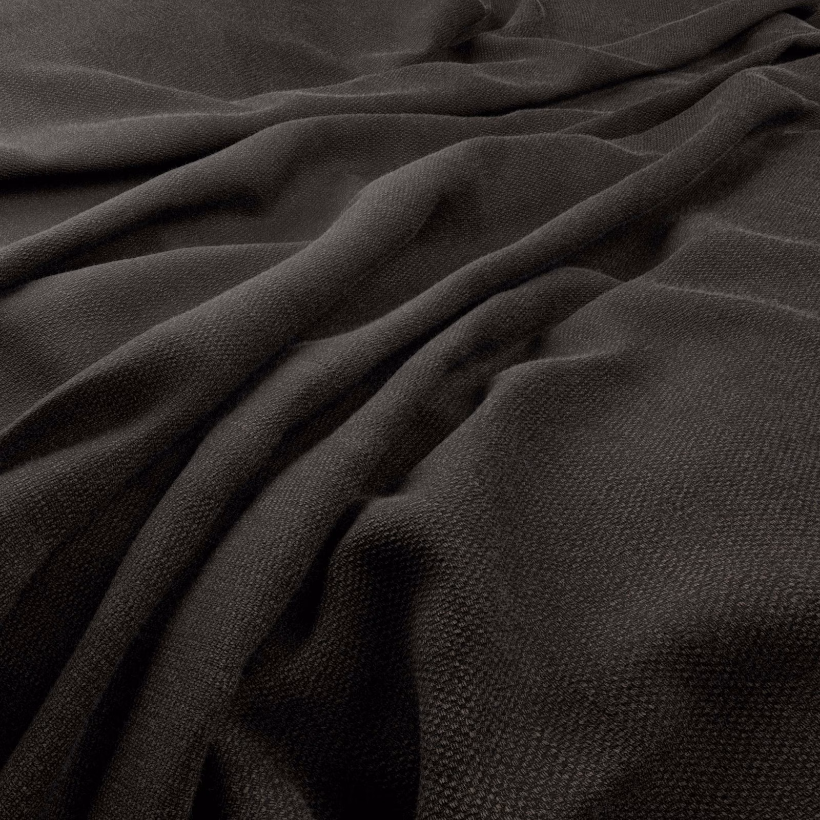 Deep anthracite charcoal fabric with fine woven texture gathered into soft folds