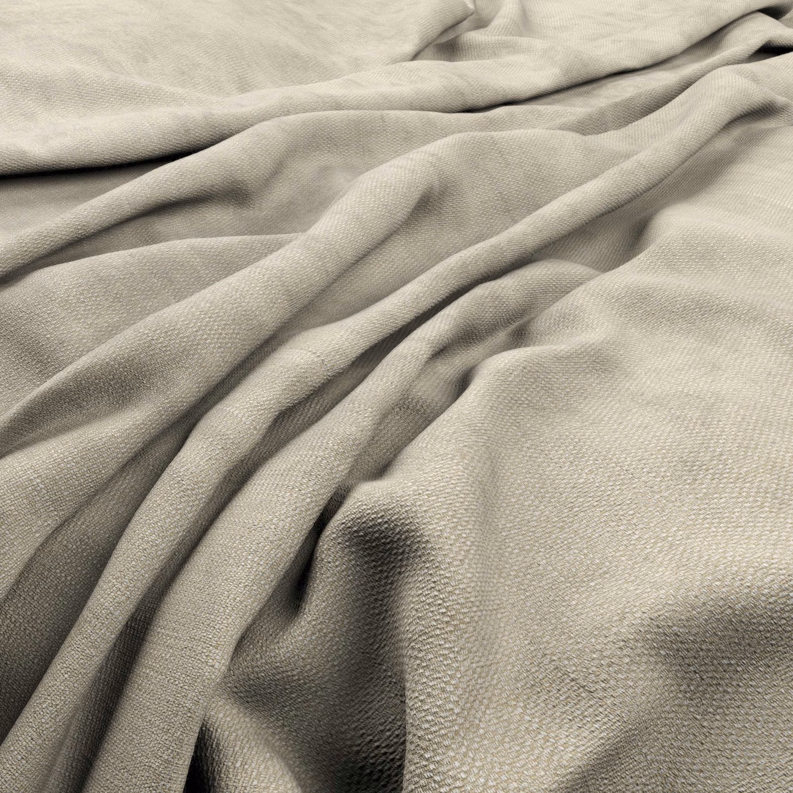 Pale flax greige fabric showing fine weave and softly gathered folds