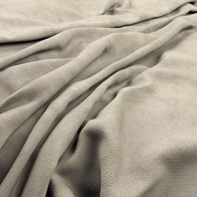 Pale flax greige fabric showing fine weave and softly gathered folds