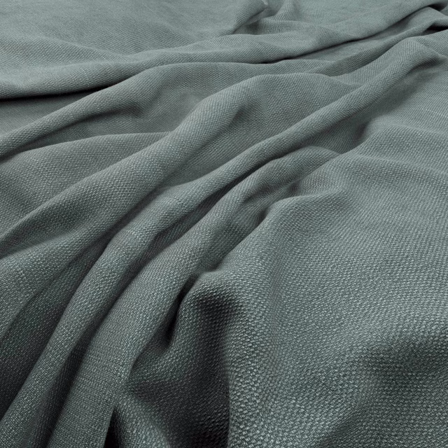 Muted blue-green woven fabric with fine pebbled texture and deep, softly draped folds