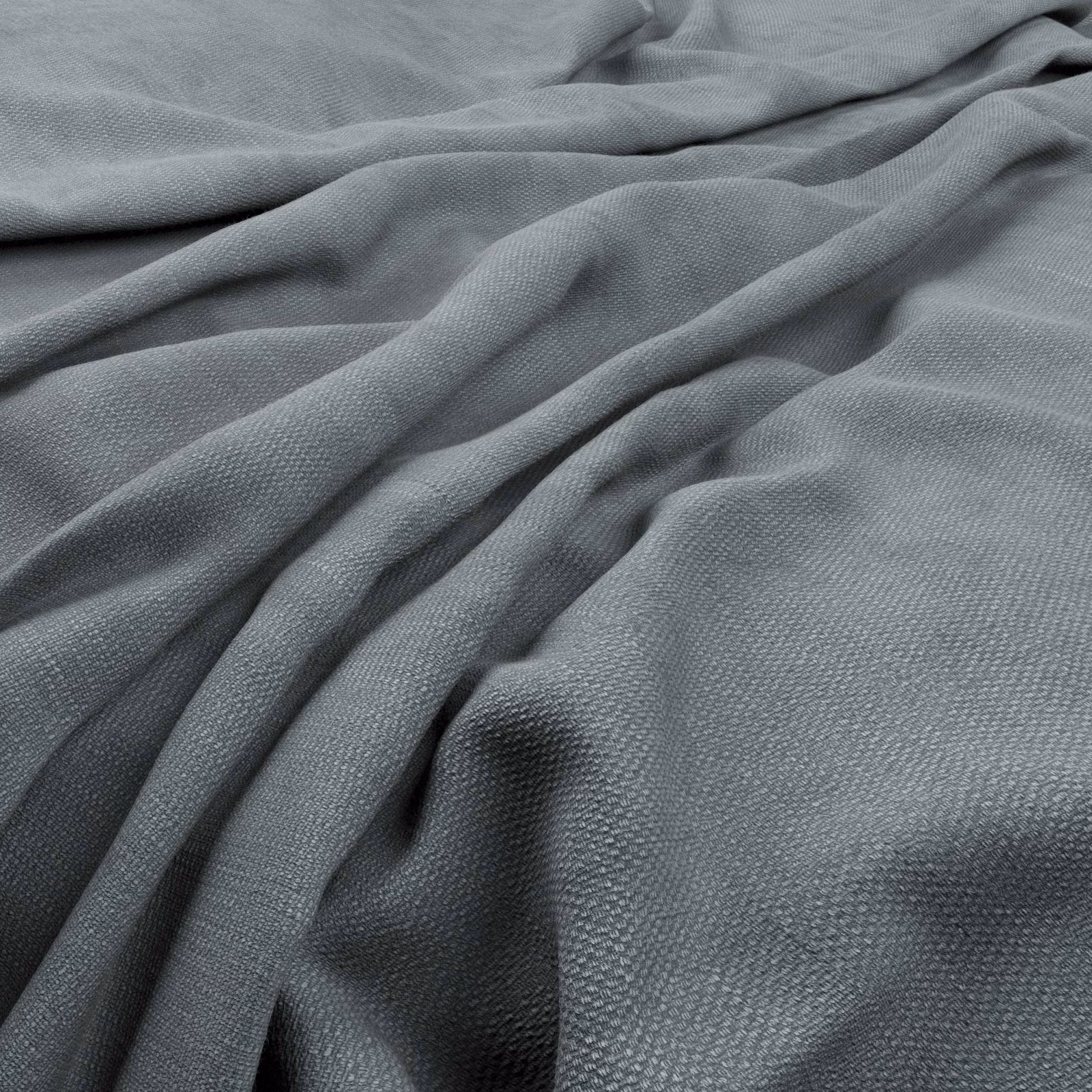 Cool smoke-grey woven texture gathered into softly shadowed, fluid folds