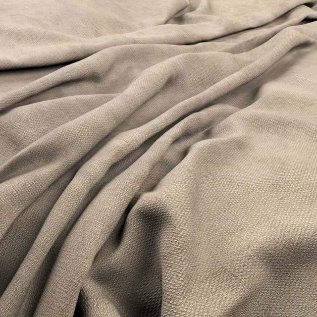 Warm wheat beige fabric with fine woven texture gathered into soft sculptural folds