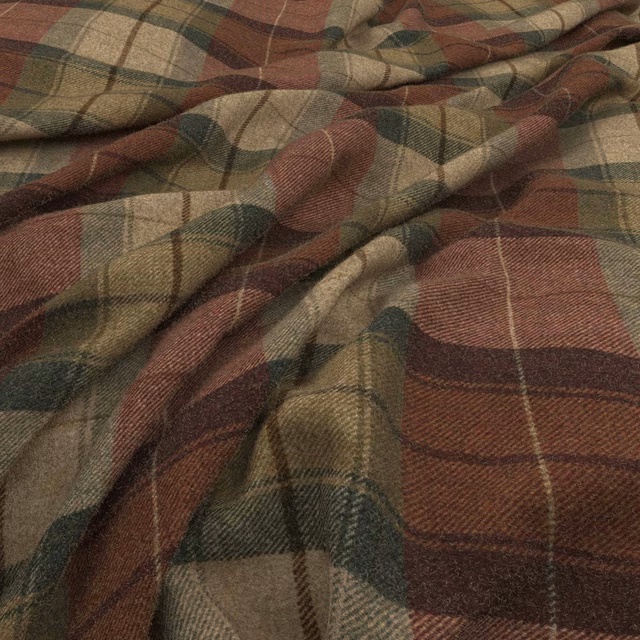 Warm burgundy, olive and tan tartan plaid with a softly textured woven surface