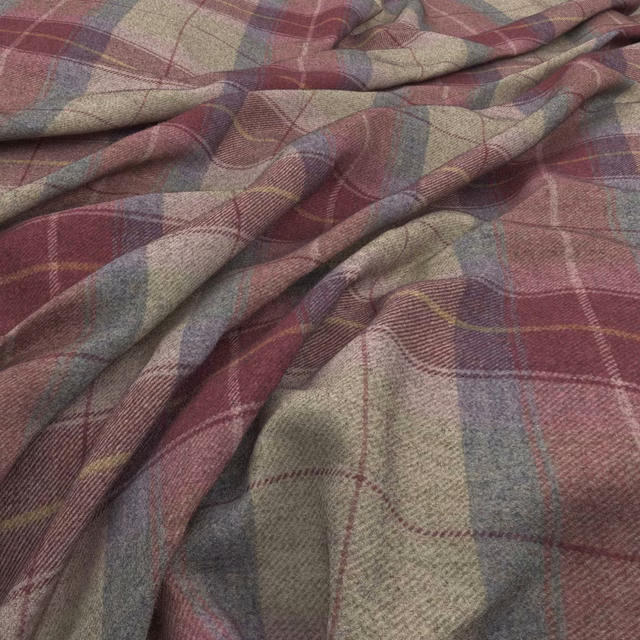 Dusty blush plaid fabric with burgundy, sage and blue-grey woven lines