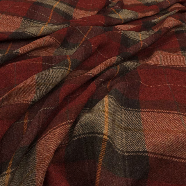 Deep claret tartan fabric with russet, olive and charcoal woven checks