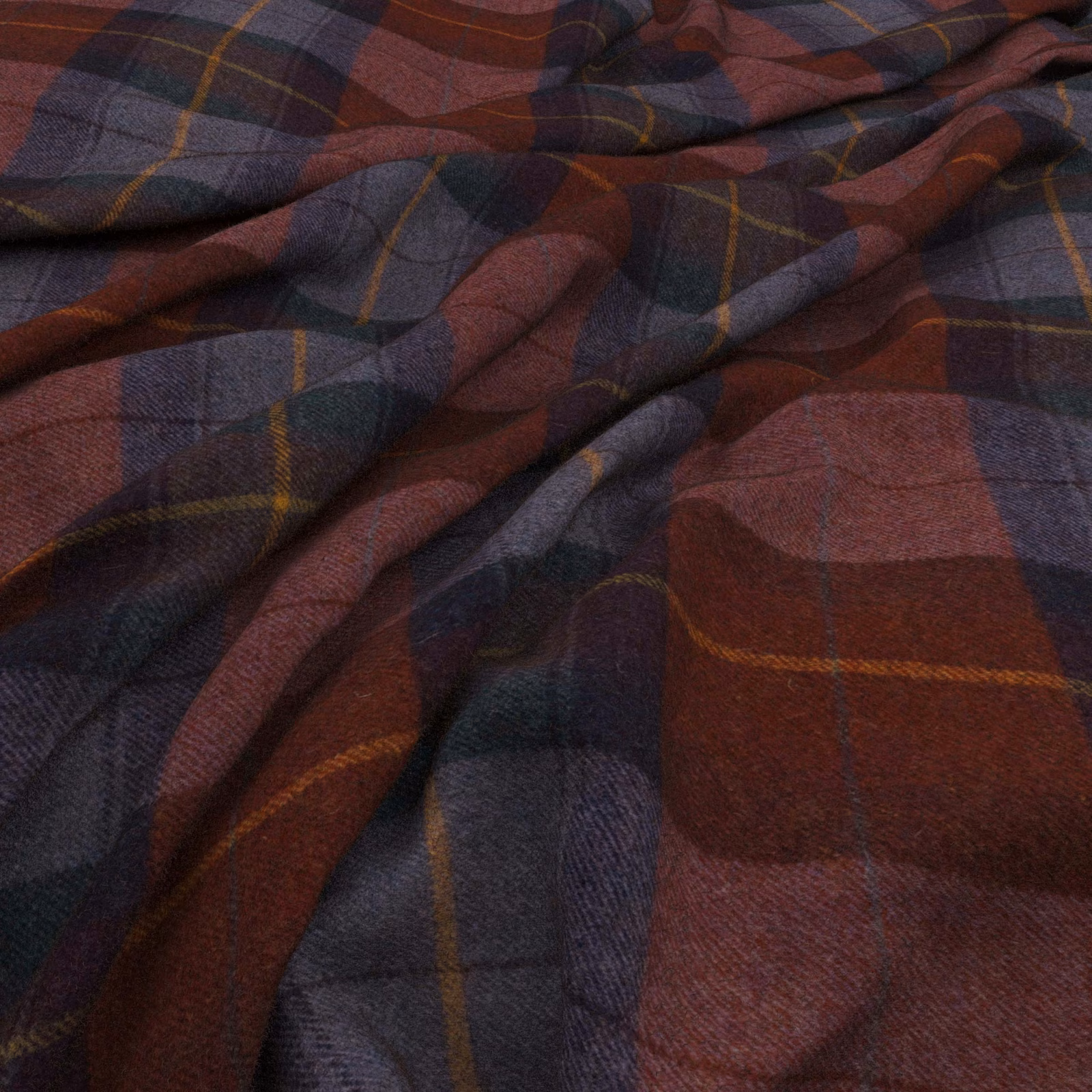Dark burgundy, charcoal and navy tartan weave with fine mustard pinstripes