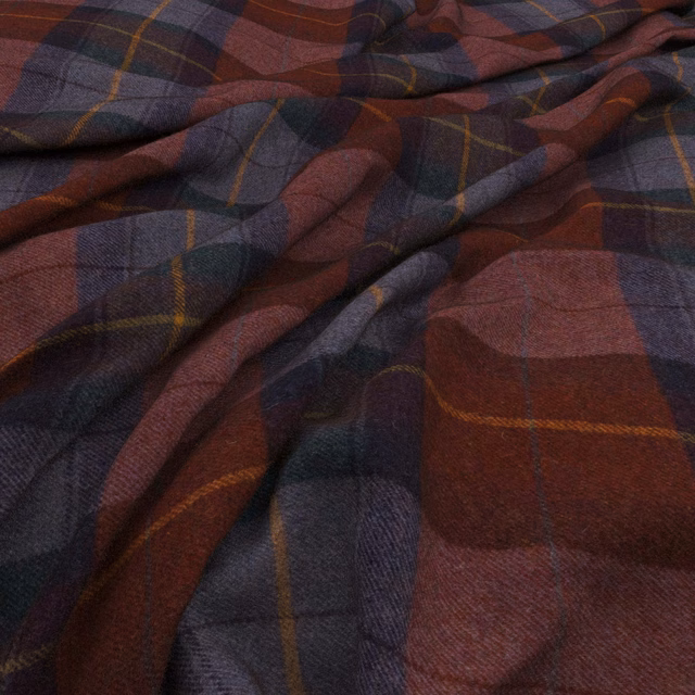 Dark burgundy, charcoal and navy tartan weave with fine mustard pinstripes
