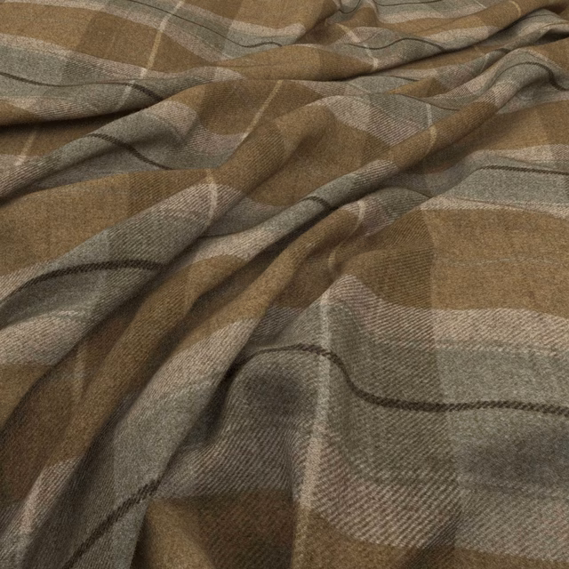 Muted lichen, taupe and grey checked woven fabric with dark linear accents