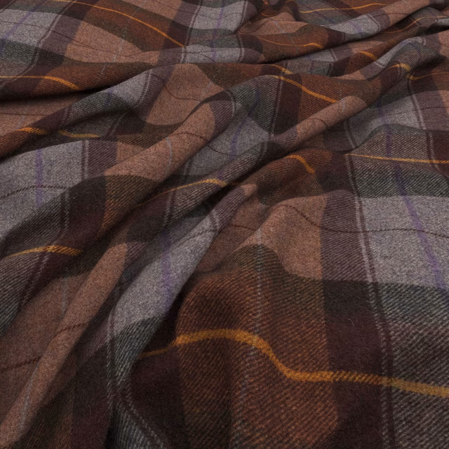 Deep merlot plaid with charcoal checks, brown warmth and fine ochre lines