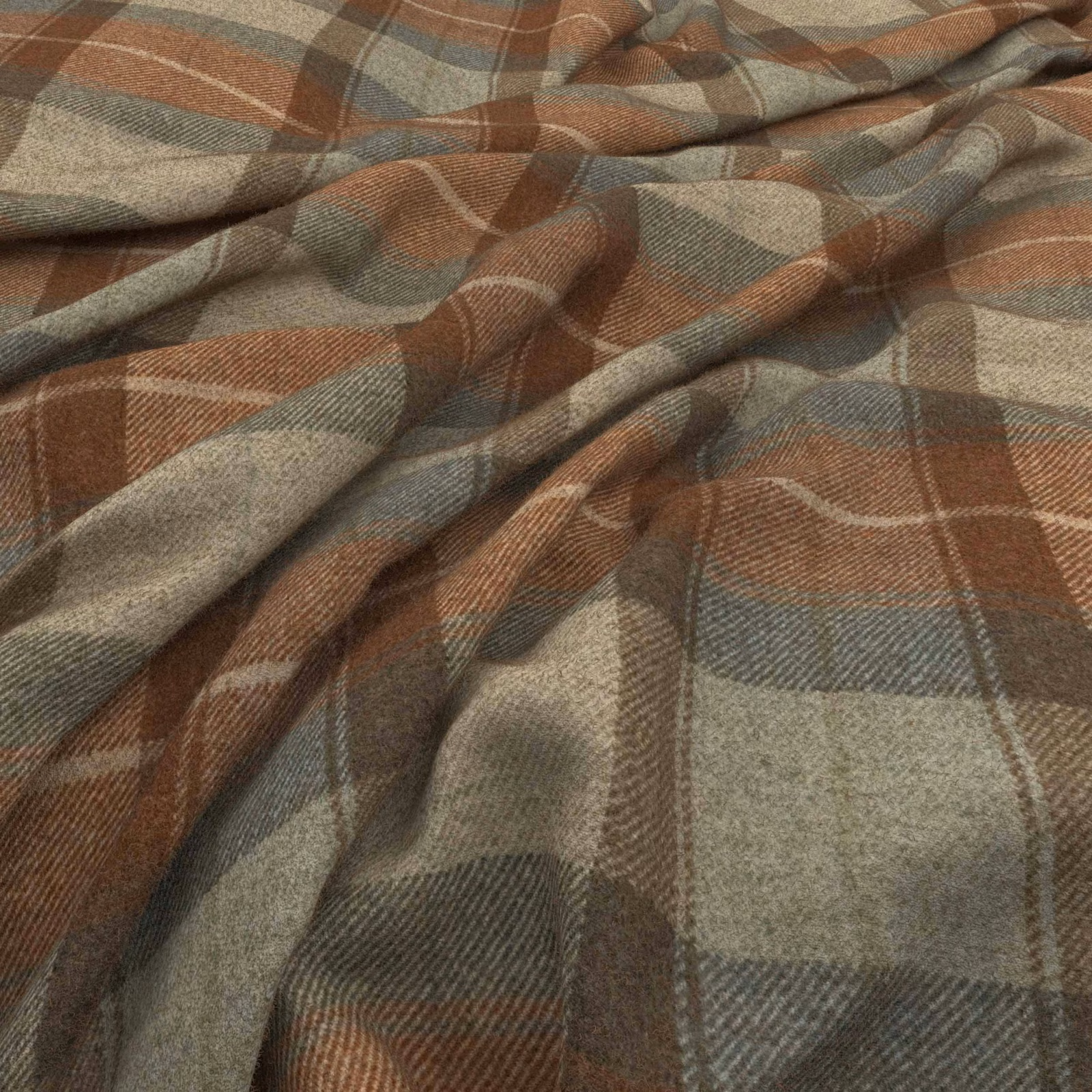 Russet, taupe and blue-grey plaid textile with softly folded textured surface