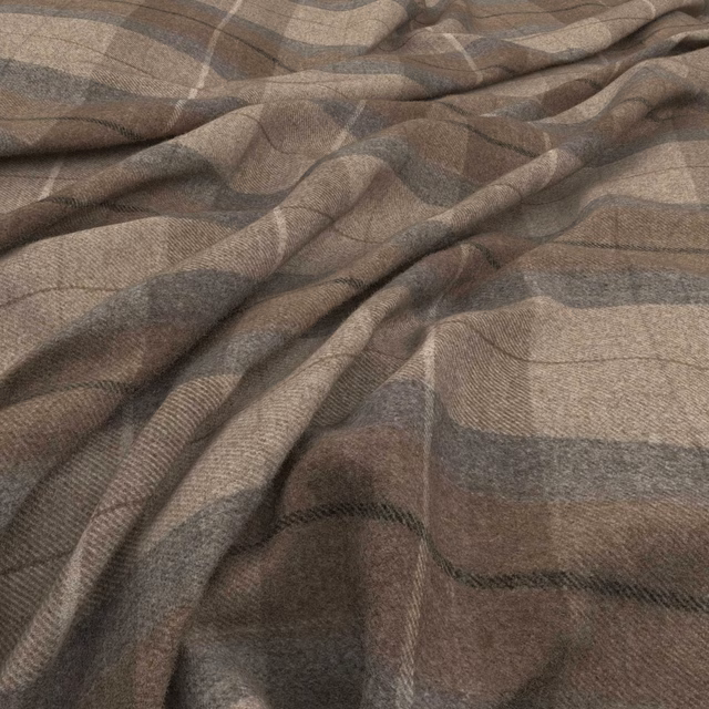 Warm mocha plaid textile with taupe blocks, charcoal bands and soft woven texture