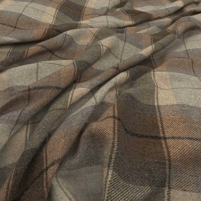 Muted seaglass, taupe and brown oversized plaid in a softly folded woven cloth