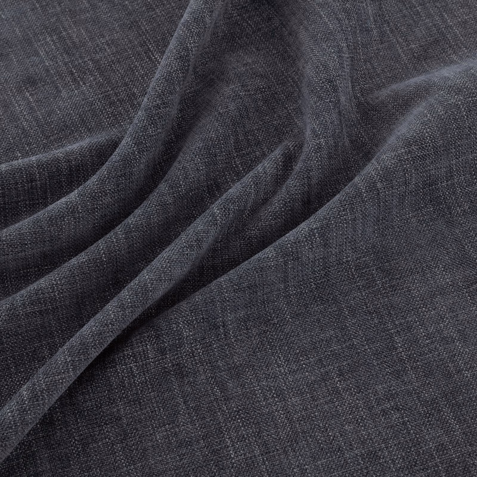 Deep charcoal denim-blue fabric with fine crosshatch weave folded into soft drapes