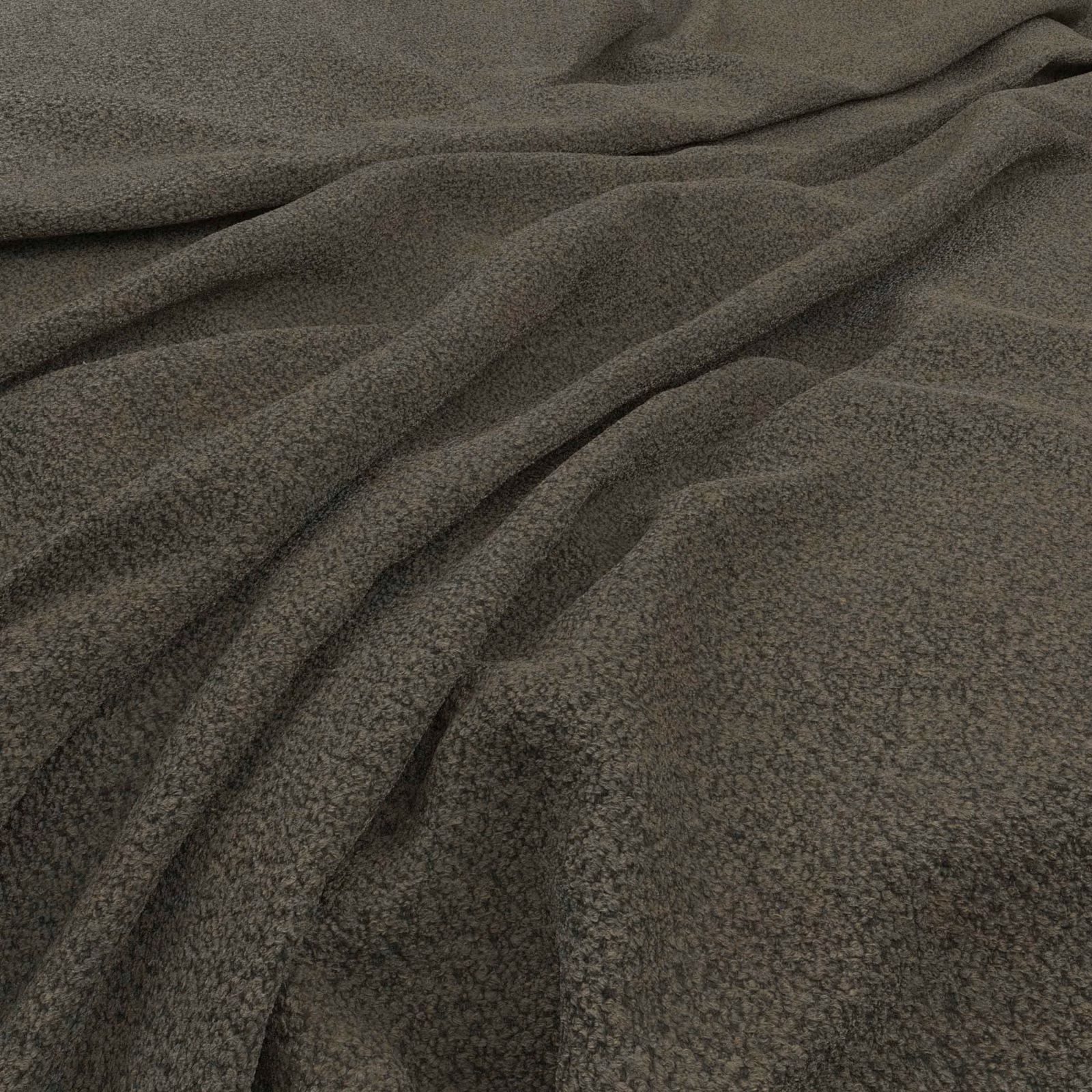 Dark olive-taupe textile with fine pebbled texture gathered into soft, shadowed folds