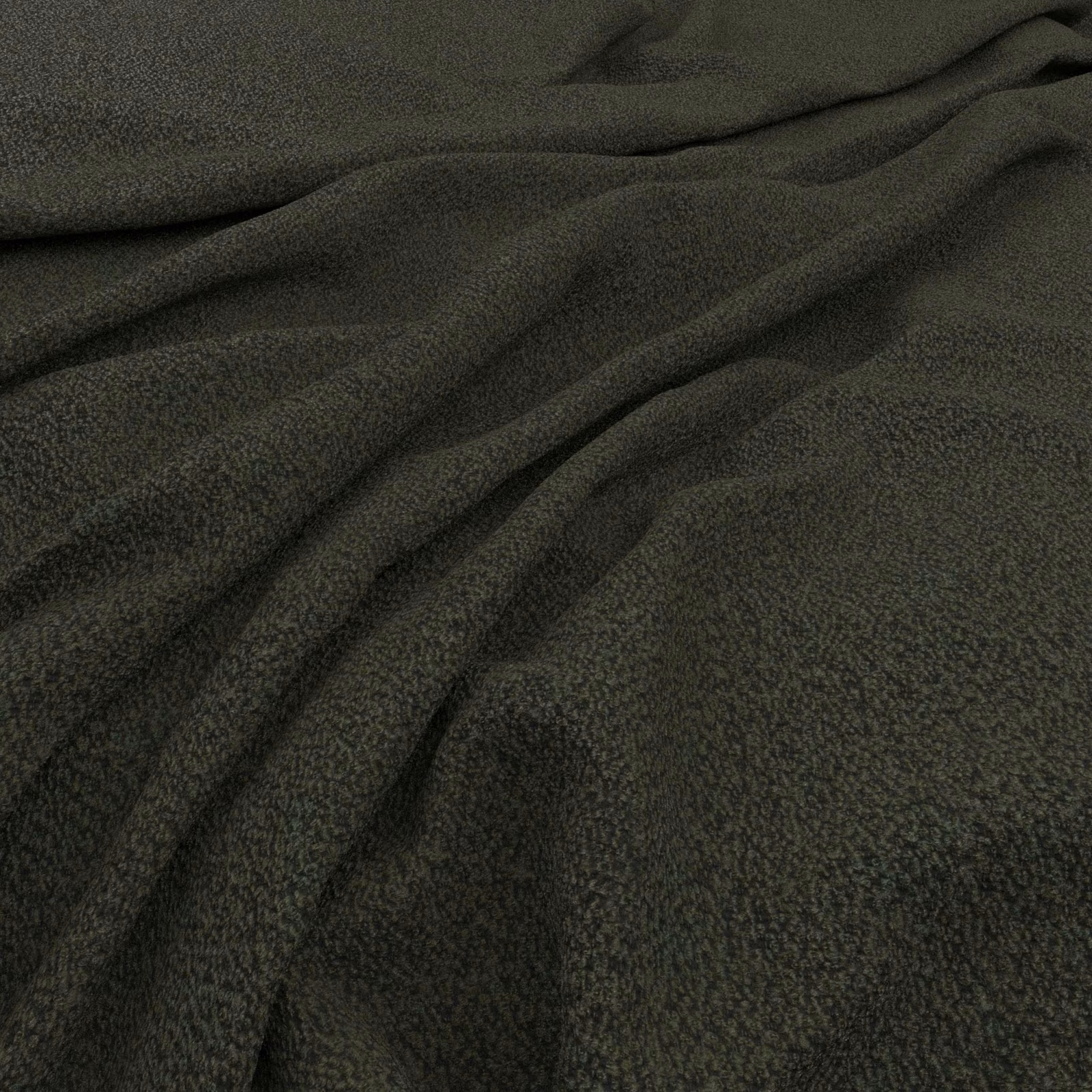 Dark fern-green fabric with fine nubby texture gathered into soft, shadowed folds