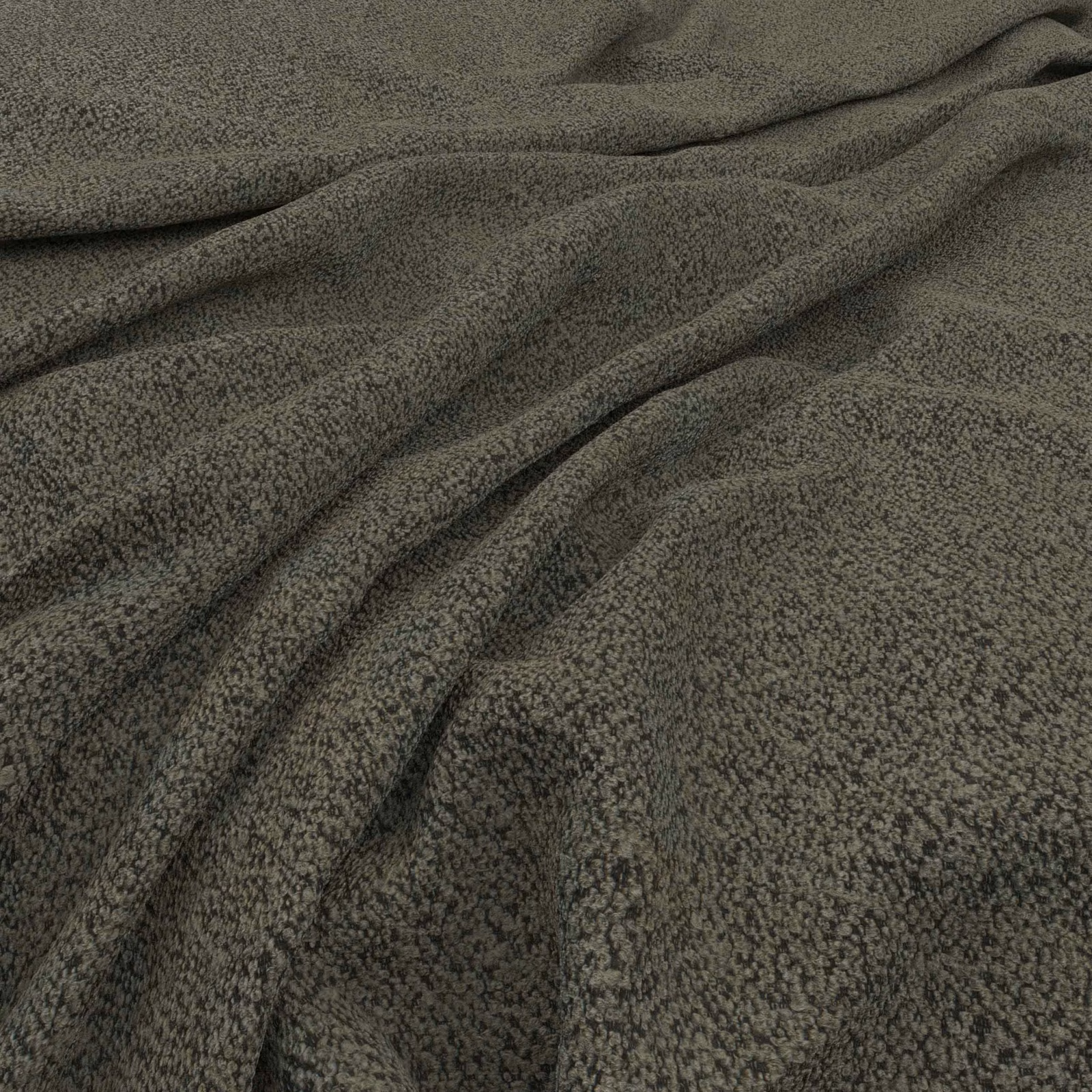 Dark olive-grey lichen textile with fine peppered texture gathered in soft folds