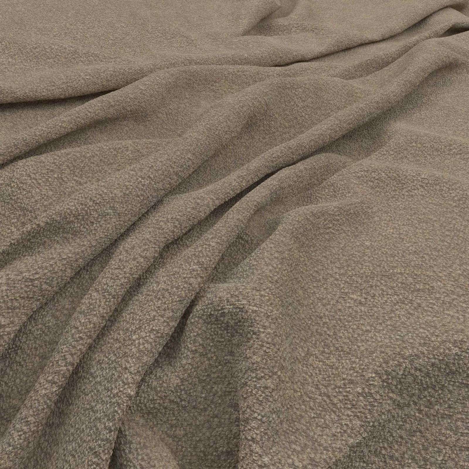 Warm oatmeal taupe fabric with a fine flecked weave gathered into soft folds