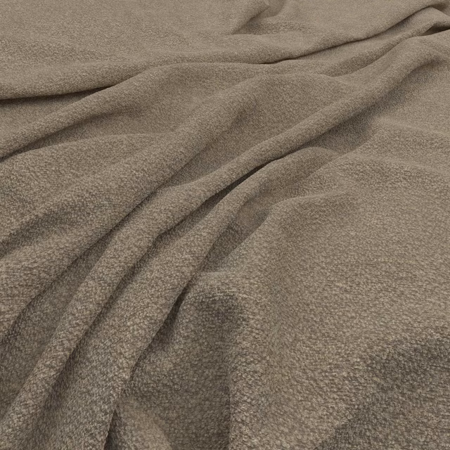 Warm oatmeal taupe fabric with a fine flecked weave gathered into soft folds
