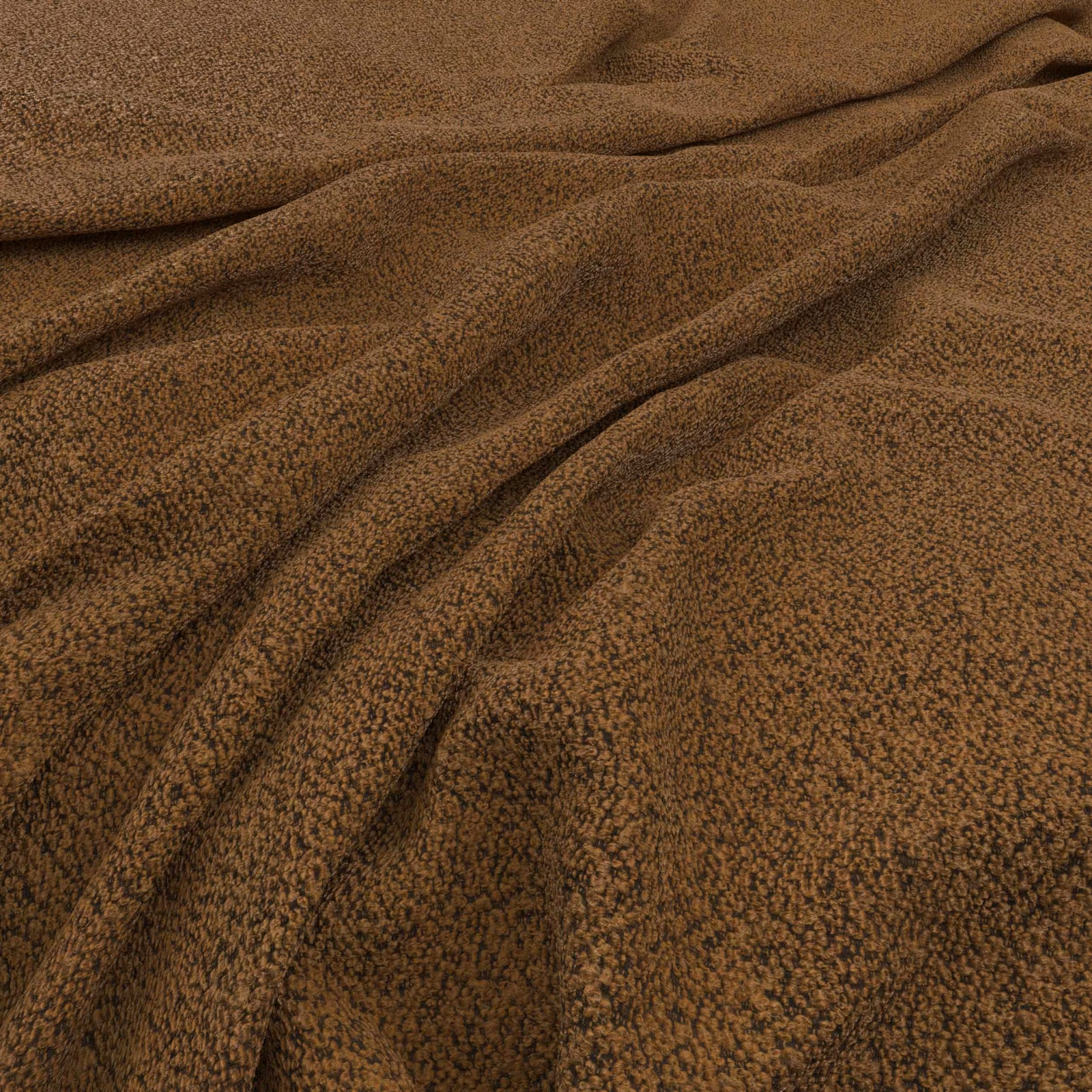 Warm spice-brown nubby fabric with dark flecks and softly draped folds