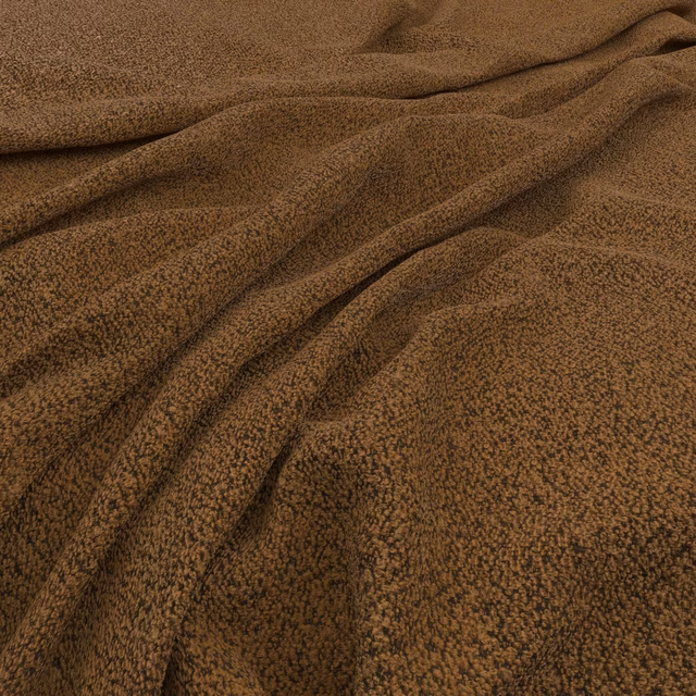 Warm spice-brown nubby fabric with dark flecks and softly draped folds