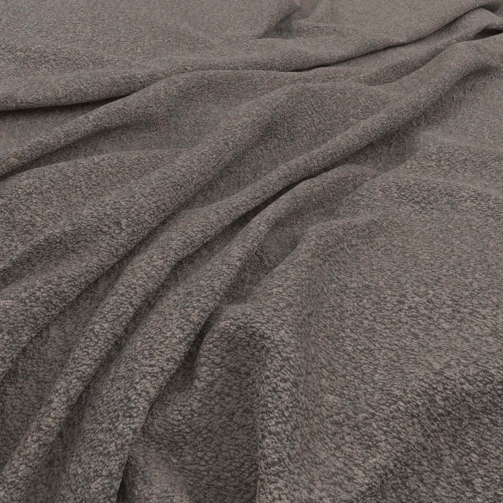 Close view of cool steel-grey fabric with dense mottled texture and soft folds