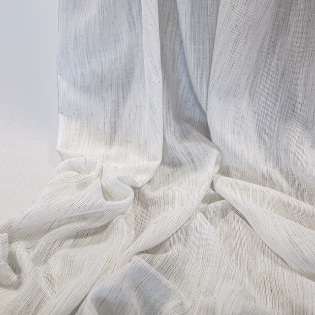 Soft ivory fabric with fine vertical striations gathered into fluid folds