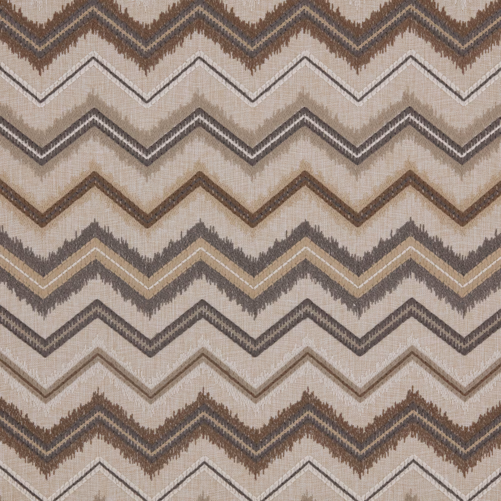 Warm taupe woven fabric with brown, charcoal and cream chevron zigzags