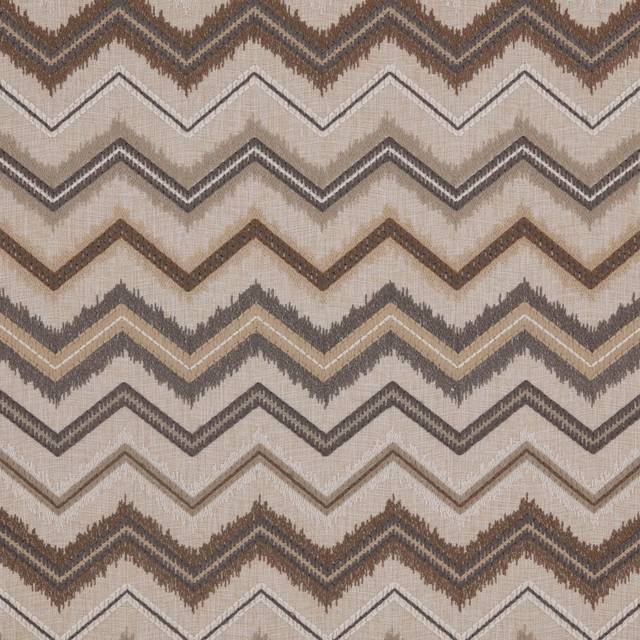 Warm taupe woven fabric with brown, charcoal and cream chevron zigzags