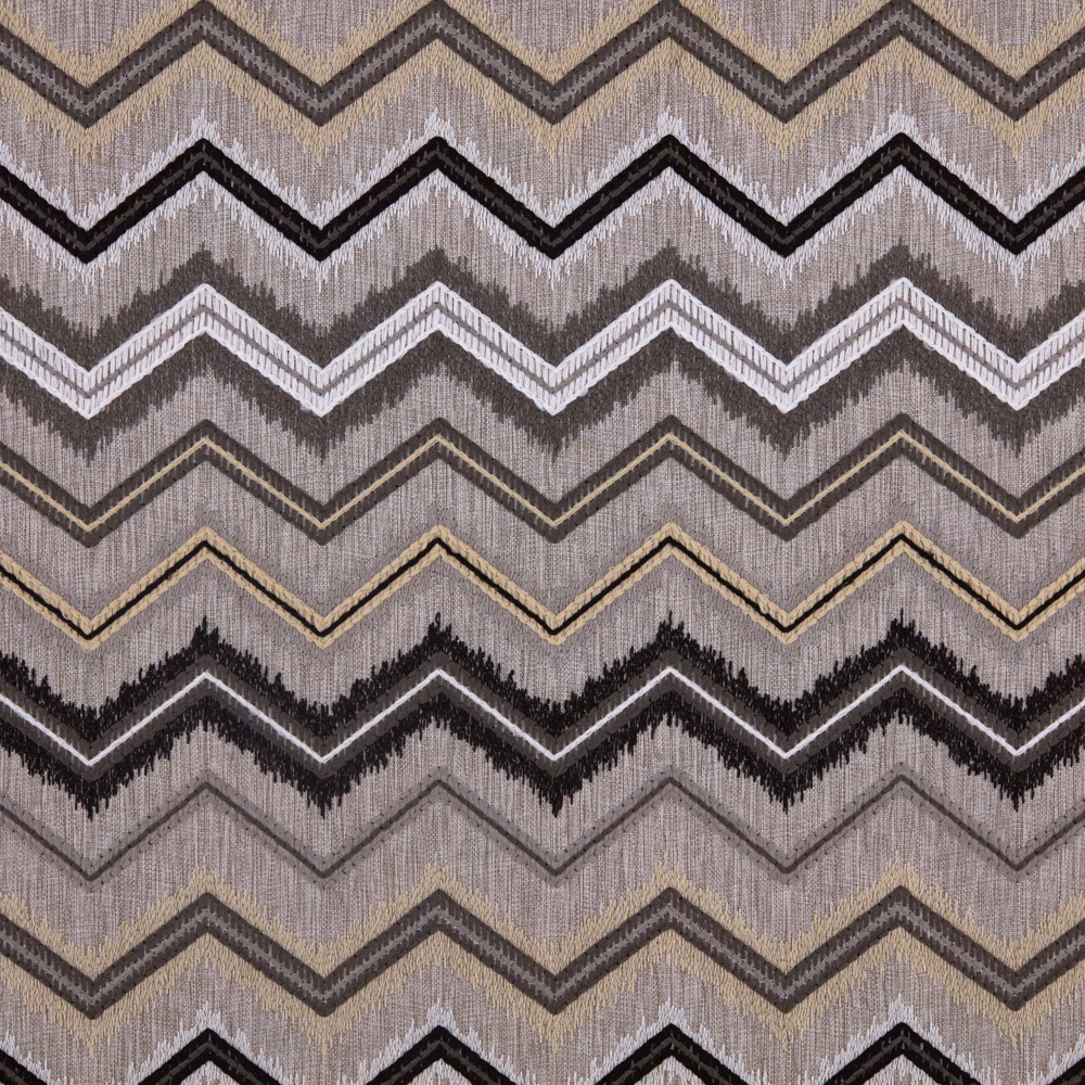 Taupe-grey woven fabric with black, ivory and beige zigzag chevrons