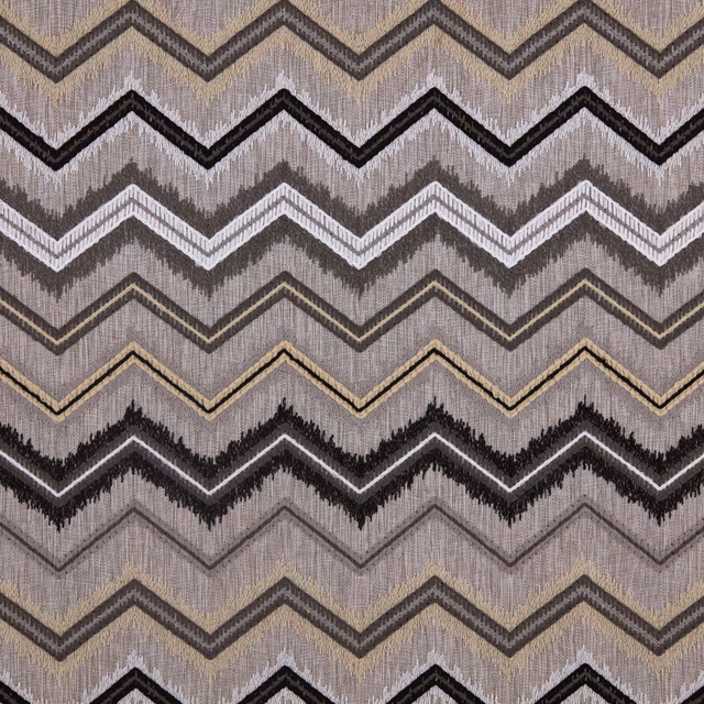 Taupe-grey woven fabric with black, ivory and beige zigzag chevrons