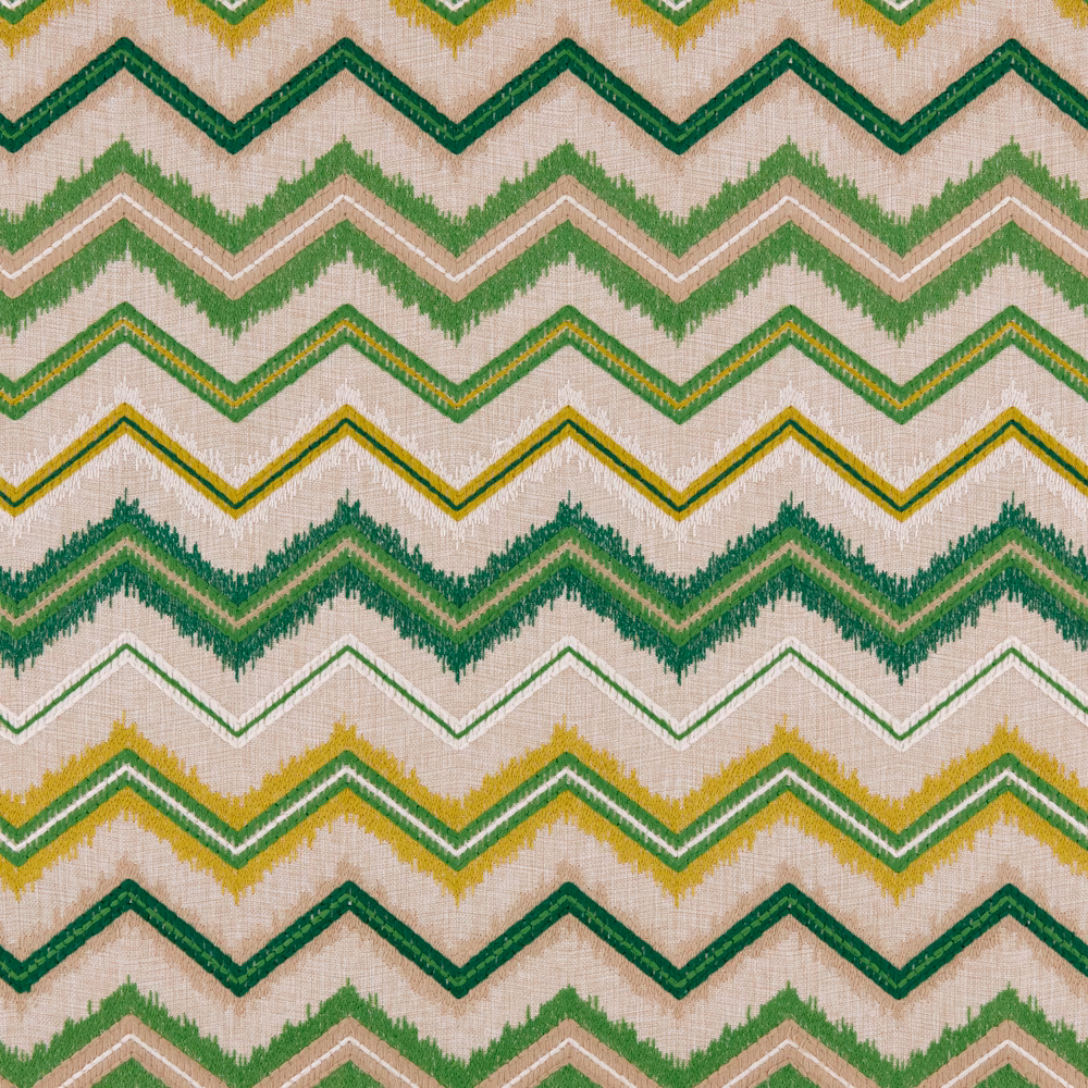 Parakeet green zigzag stripes with ochre accents on a textured cream woven ground