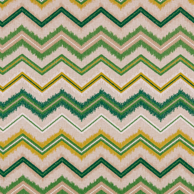 Parakeet green zigzag stripes with ochre accents on a textured cream woven ground