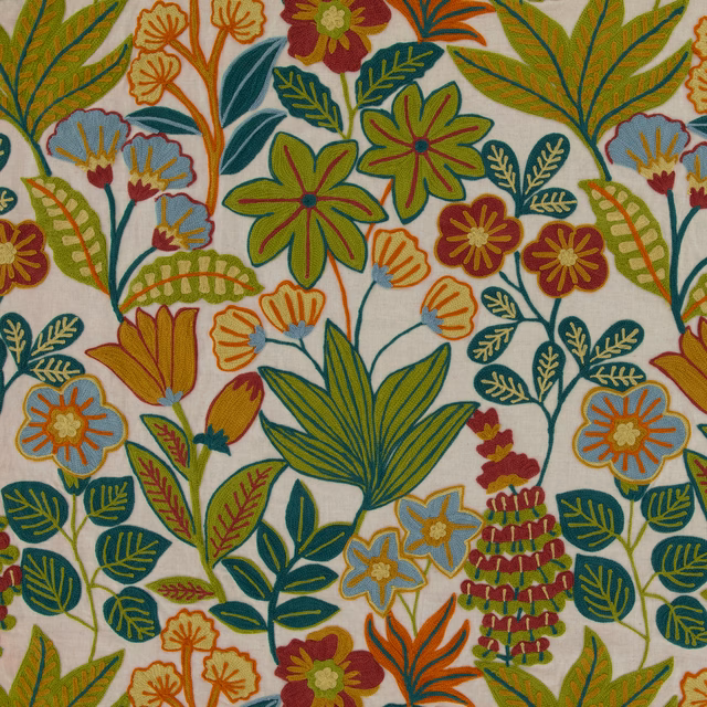 Warm ivory botanical textile with olive leaves, teal foliage, and rust flowers