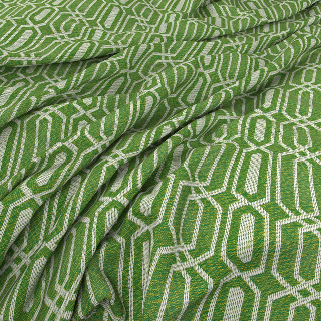 Bright apple-green textile with ivory linked polygon lines and a softly textured weave