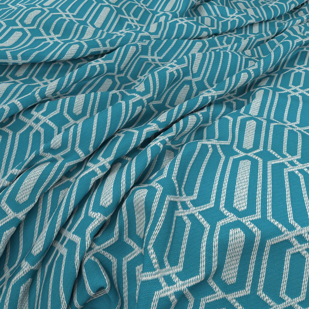 Teal woven fabric with cream elongated geometric motifs in soft folds