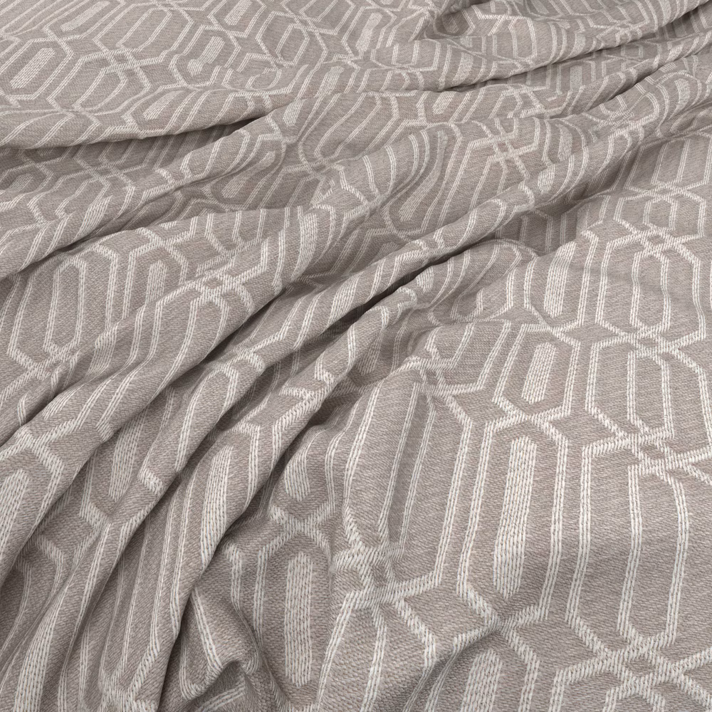 Warm taupe-grey woven fabric with ivory elongated hexagon geometric pattern