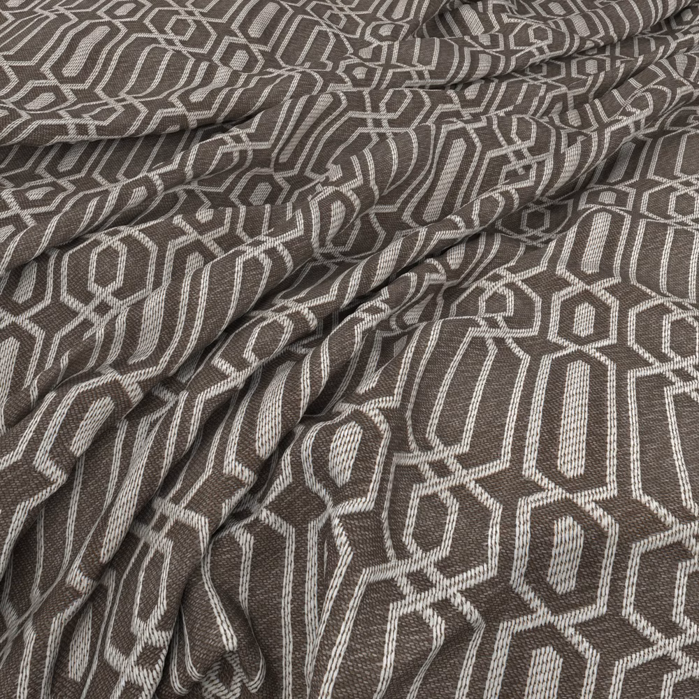 Charcoal-grey woven fabric with pale angular hexagonal motifs and folded texture