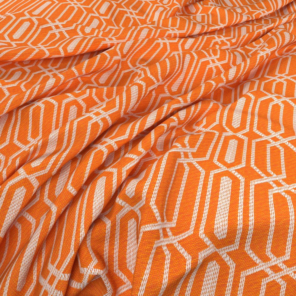 Vivid orange woven fabric with ivory stepped geometric outlines and softly folded texture