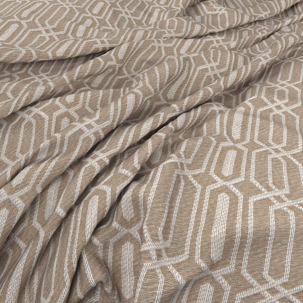 Warm taupe woven fabric with ivory angular geometric lines gathered into soft folds