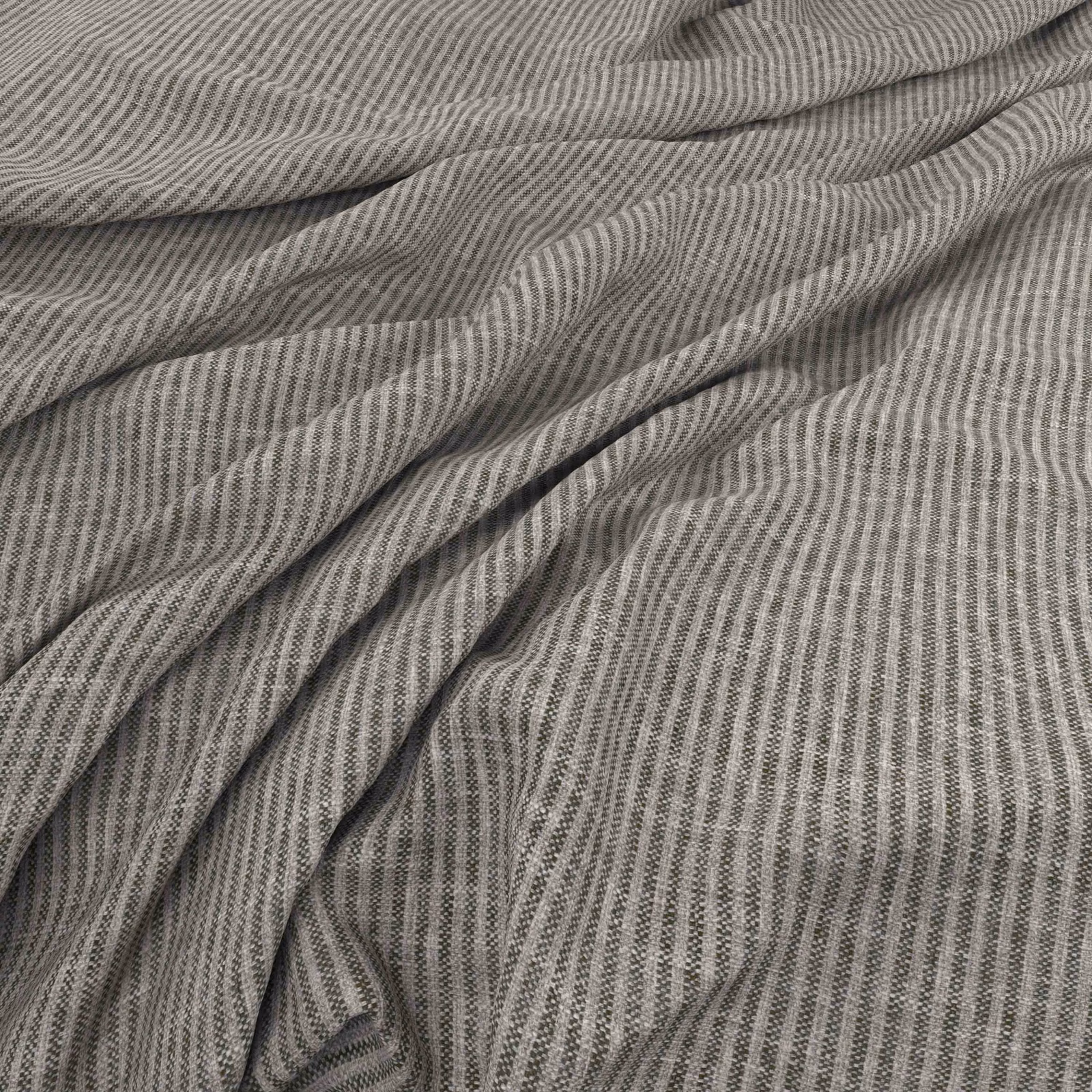 Charcoal-grey fabric with fine pale vertical ripples and softly draped folds