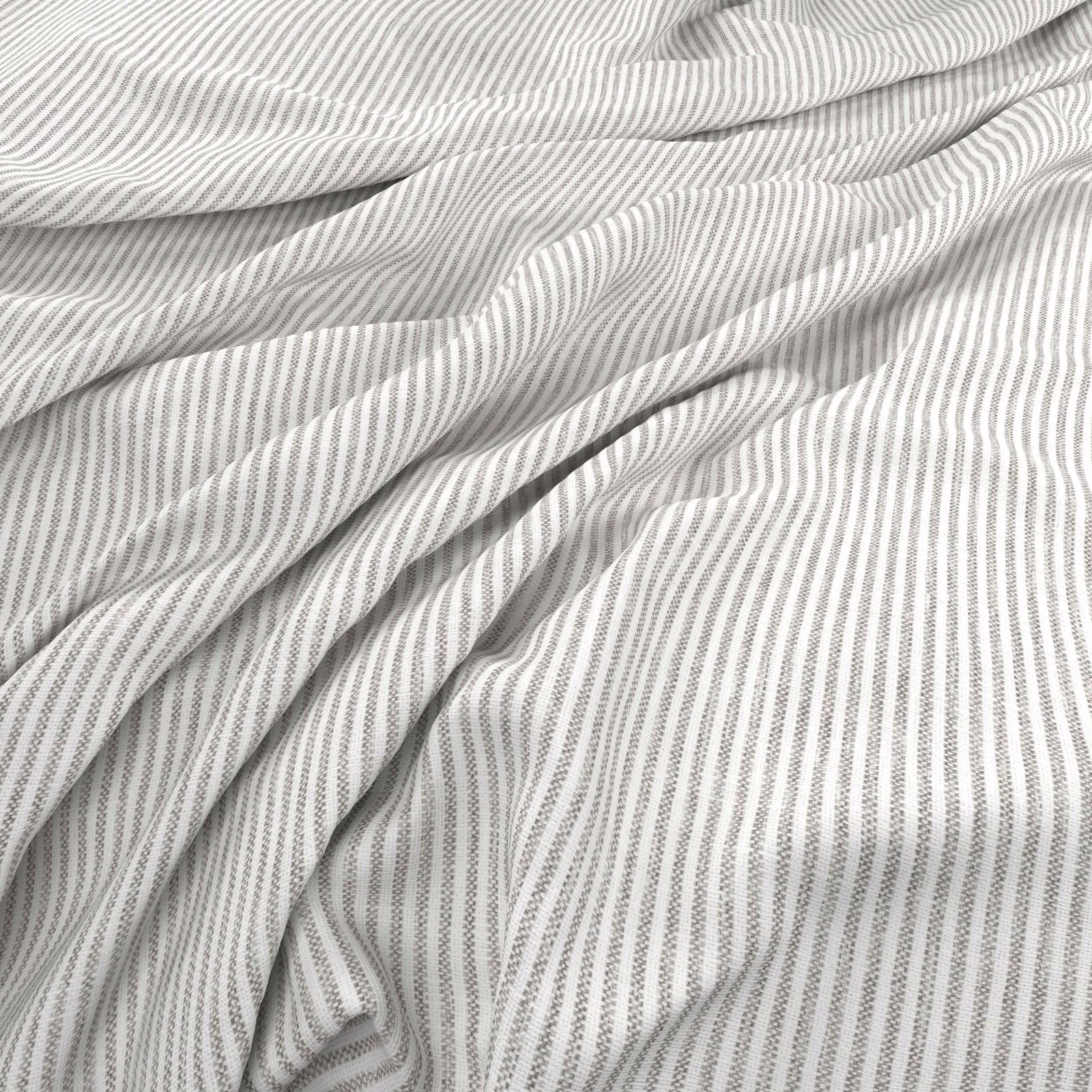 Draped pale grey and white fine-striped fabric with soft, fluid folds
