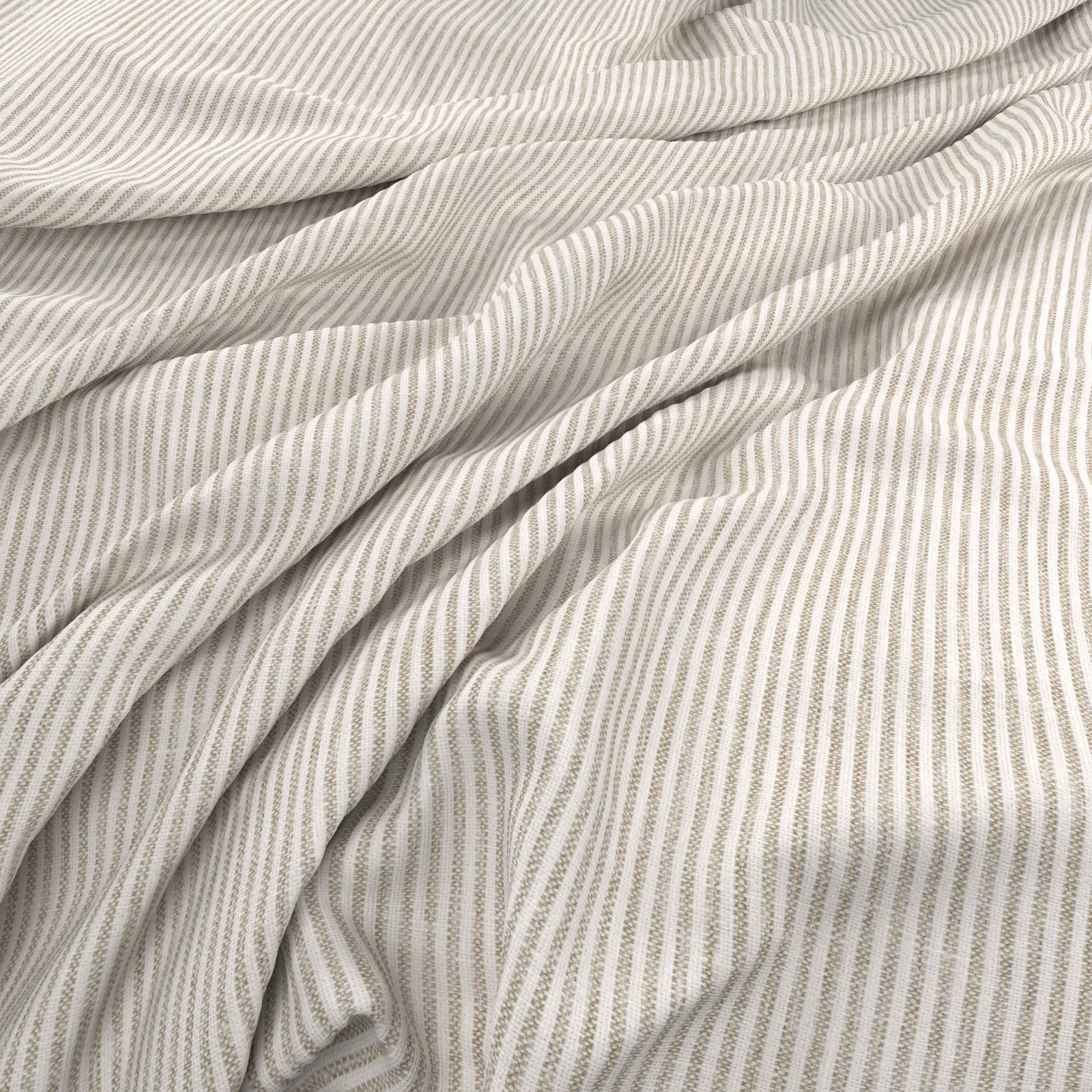 Draped ivory fabric with fine taupe-grey vertical stripes and a softly textured weave