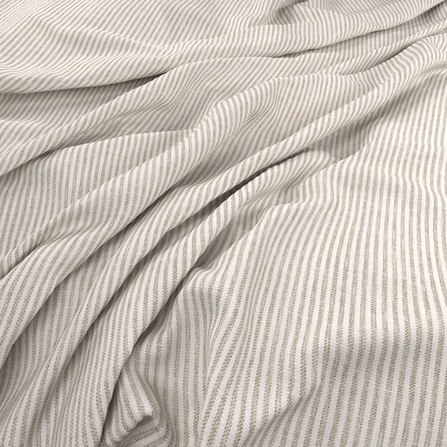 Draped ivory fabric with fine taupe-grey vertical stripes and a softly textured weave